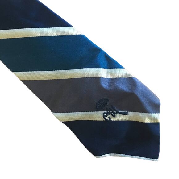 Vintage Countess Wara Striped Tie, Grey Navy Teal Gold Tie, Woolf Brothers - Picture 1 of 5